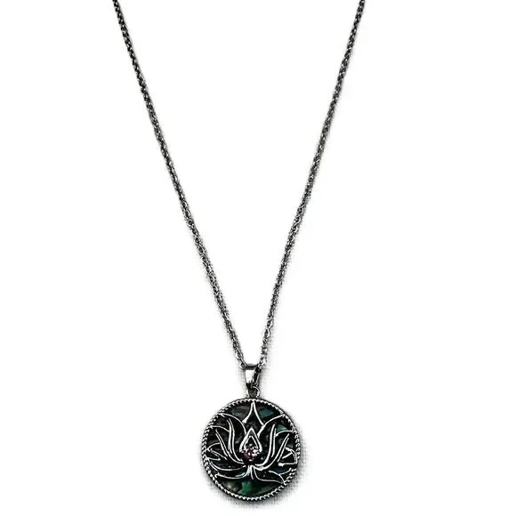 NEW Silver Abalone Shell Lotus Flower Round Pendant Necklace Womens - Picture 5 of 15